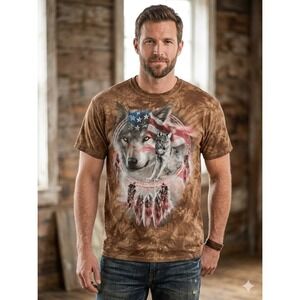 Gildan Mens XL T-Shirt Brown Tie Dye Wolf American Flag Dreamcatcher Graphic Tee